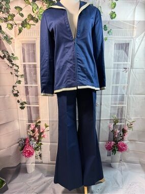 1169-Vintage limited edition Navy Sailor-Trim Wide-Leg Pantsuit by Norman Todd